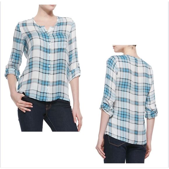 Joie Silk Shirt Medium Multi Color Plaid Buttons Up Roll Tab Sleeves - Picture 1 of 15